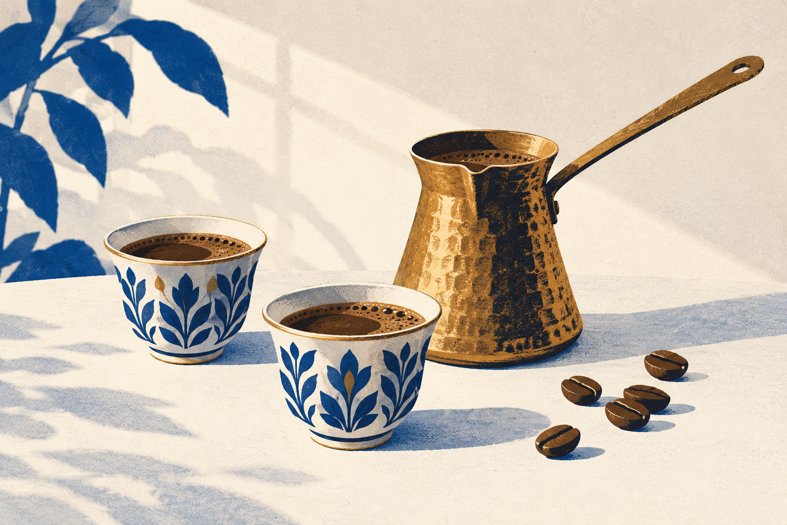 رسم تعبيري مولد بالذكاء الاصطناعي لفنجاني قهوة وركوة في ضوء الصباح.